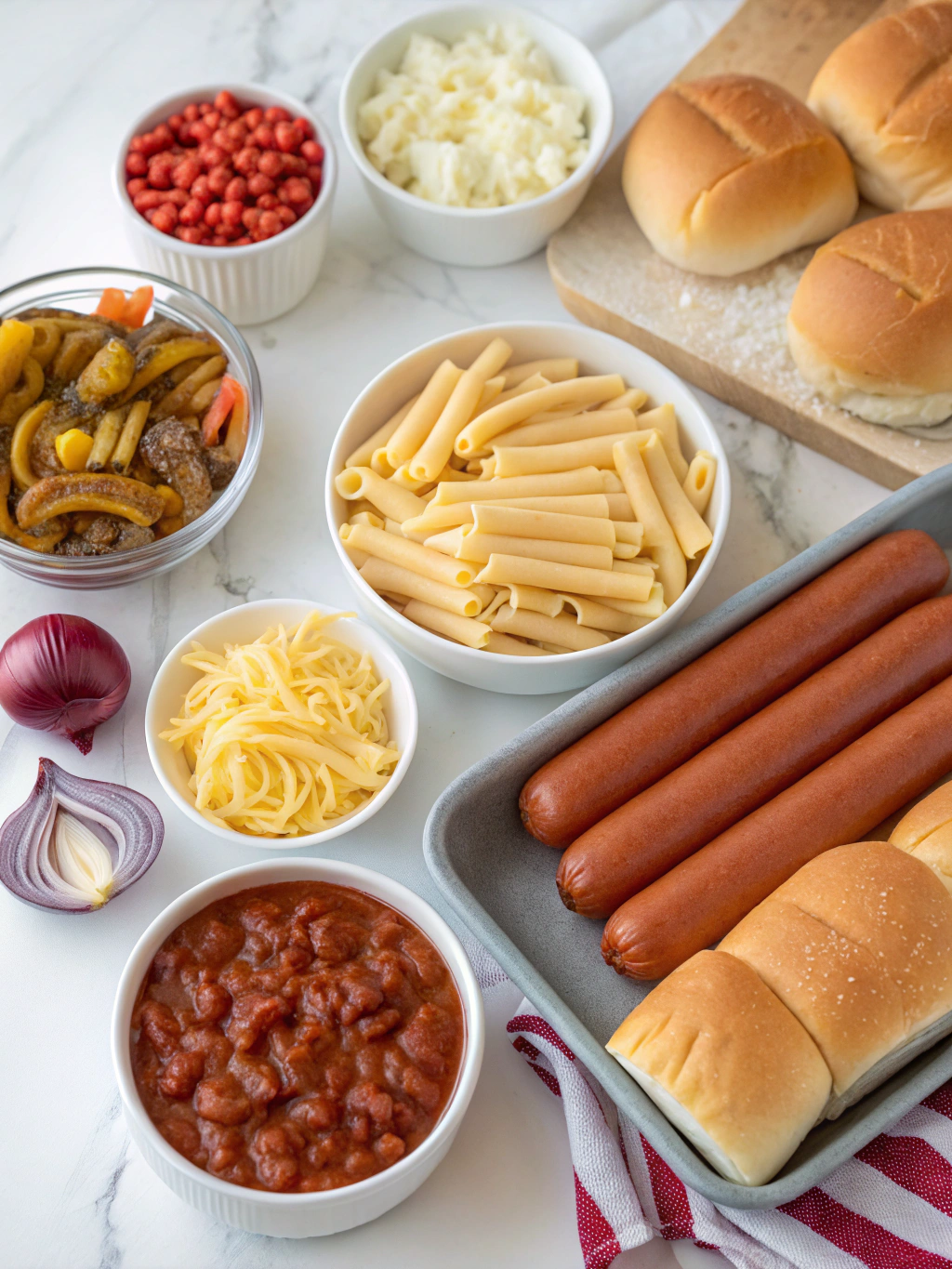 Loaded Chili Cheese Dog Pasta Bake Ingredients