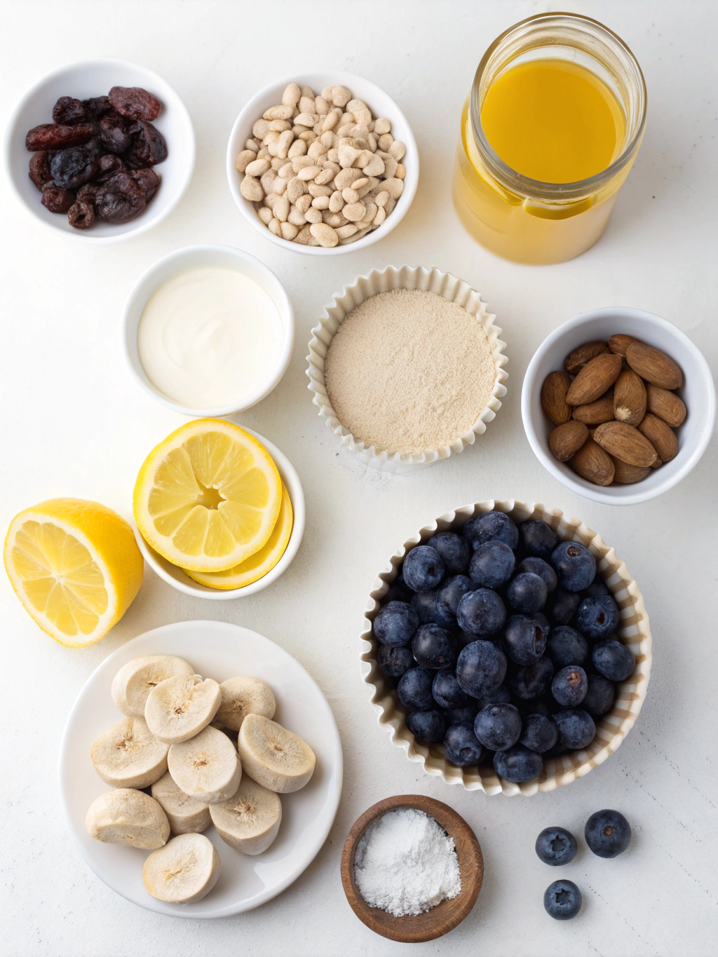 Ingredients for Mini Raw Vegan Lemon and Blueberry Cheesecakes